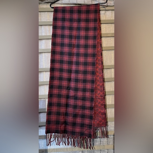 NWOT Coach reversible signature and plaid Burgundy and Black Scarf Unisex Warm - Picture 2 of 8